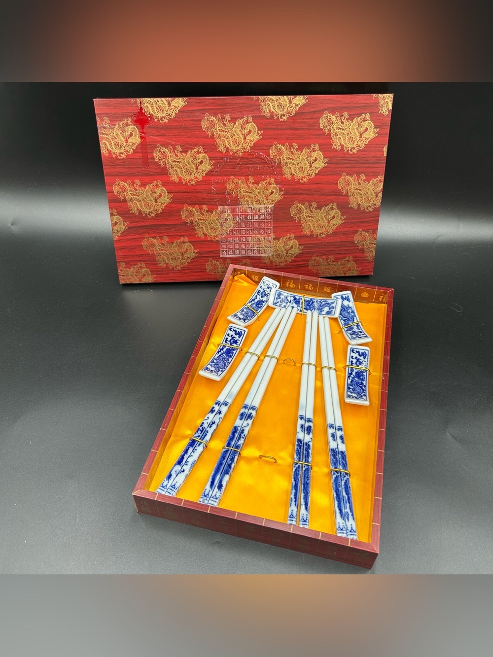Vintage Blue White Porcelain Chopsticks Set Dragon Rests Boxed Asian Decor